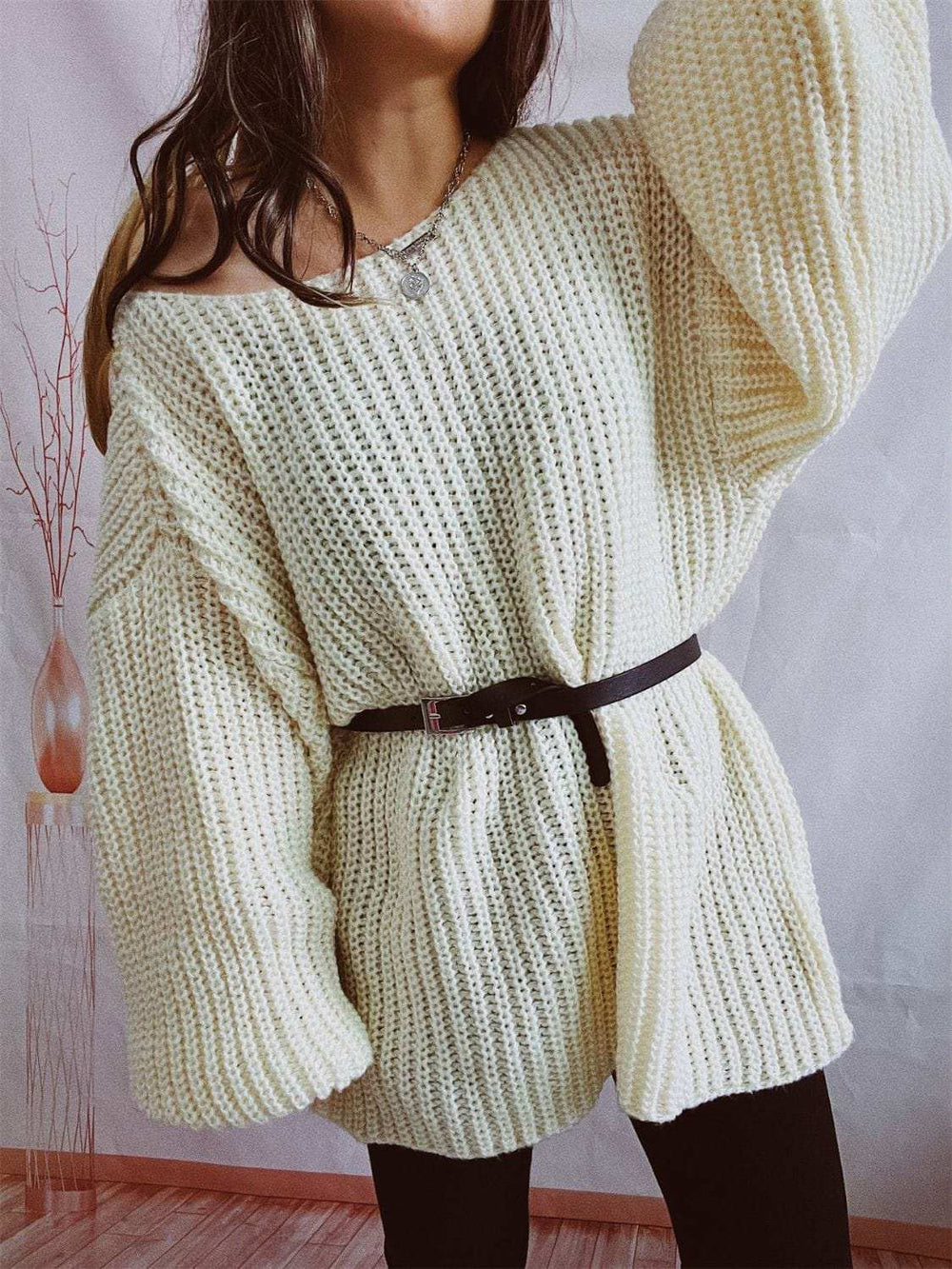 Boat Neck Long Sleeve Sweater with Belt - Trendsi - Flyclothing LLC