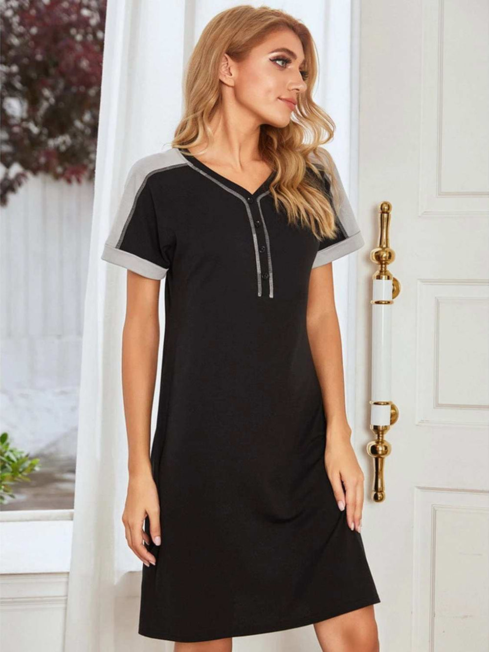 Contrast Stitching Contrast Short Sleeve Dress - Trendsi - Flyclothing LLC