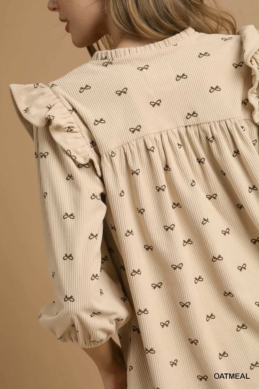 Umgee Bow Print Corduroy Puff Sleeve Blouse with Ruffled - Trendsi - Flyclothing LLC