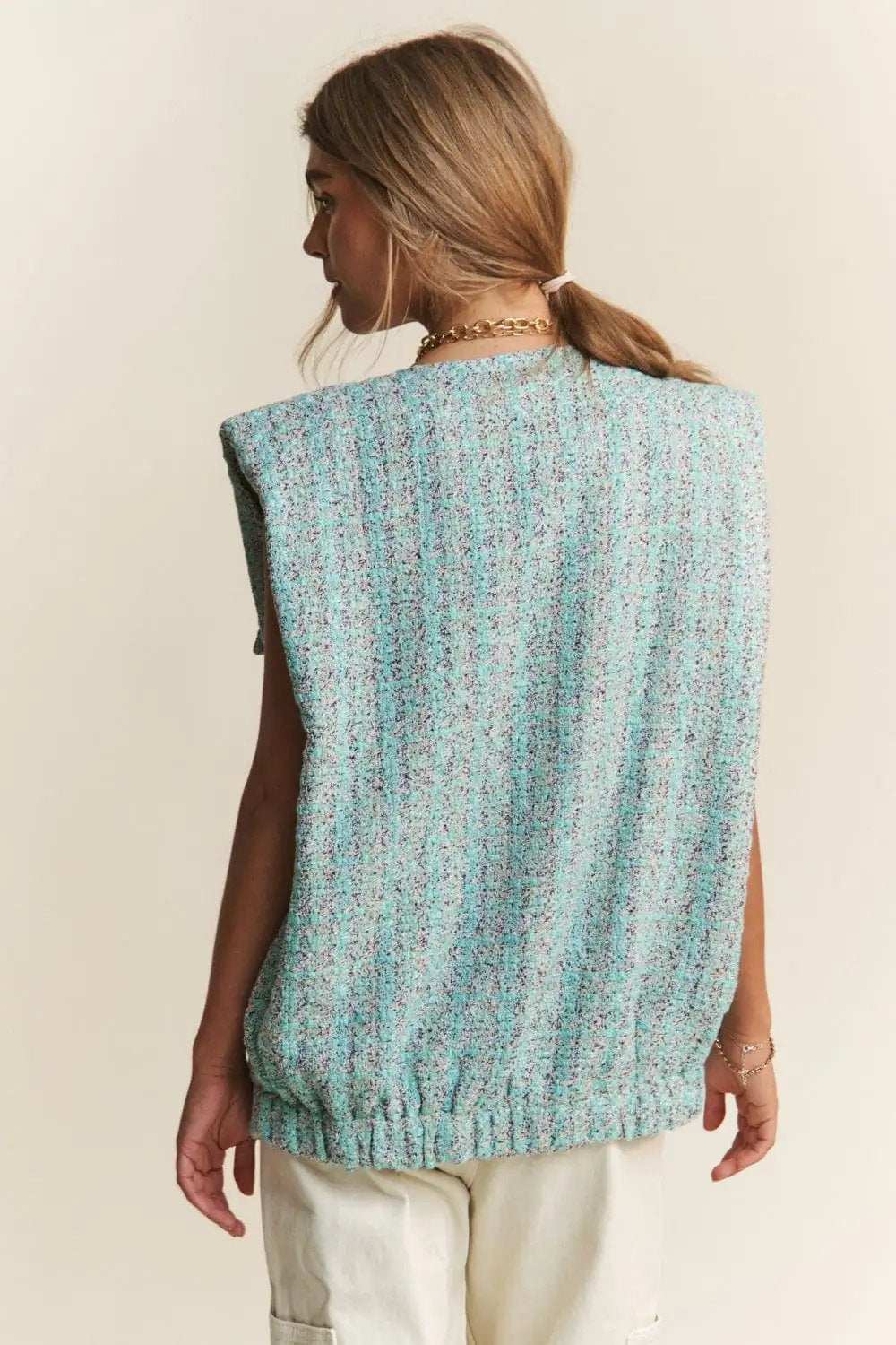 J.NNA Frayed Tweed Padded Shoulder Vest - Trendsi - Flyclothing LLC