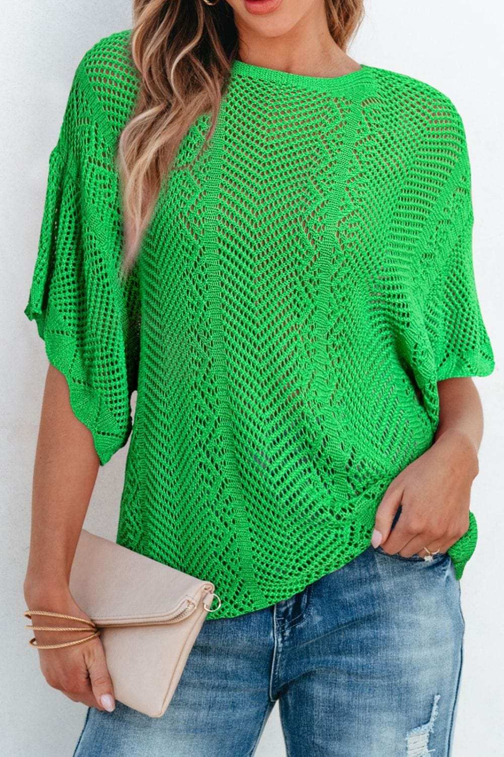 Scallop Edge Half Sleeve Pointelle Knit Top - Trendsi - Flyclothing LLC