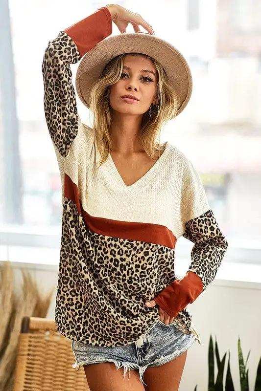BiBi Waffle Knit Leopard Color Block V-Neck Top - Trendsi - Flyclothing LLC