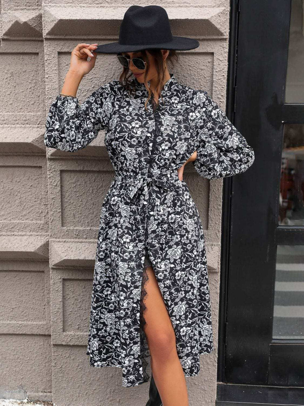 Lace Detail Printed Long Sleeve Midi Dress - Trendsi - Flyclothing LLC