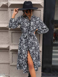 Lace Detail Printed Long Sleeve Midi Dress - Trendsi - Flyclothing LLC