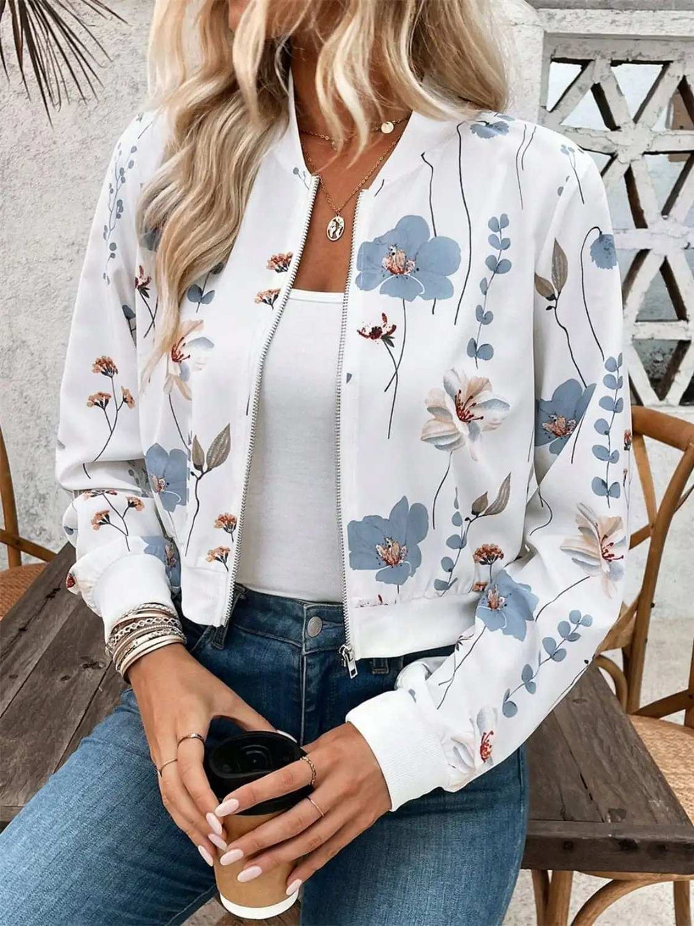 Printed Zip Up Long Sleeve Jacket - Trendsi - Flyclothing LLC