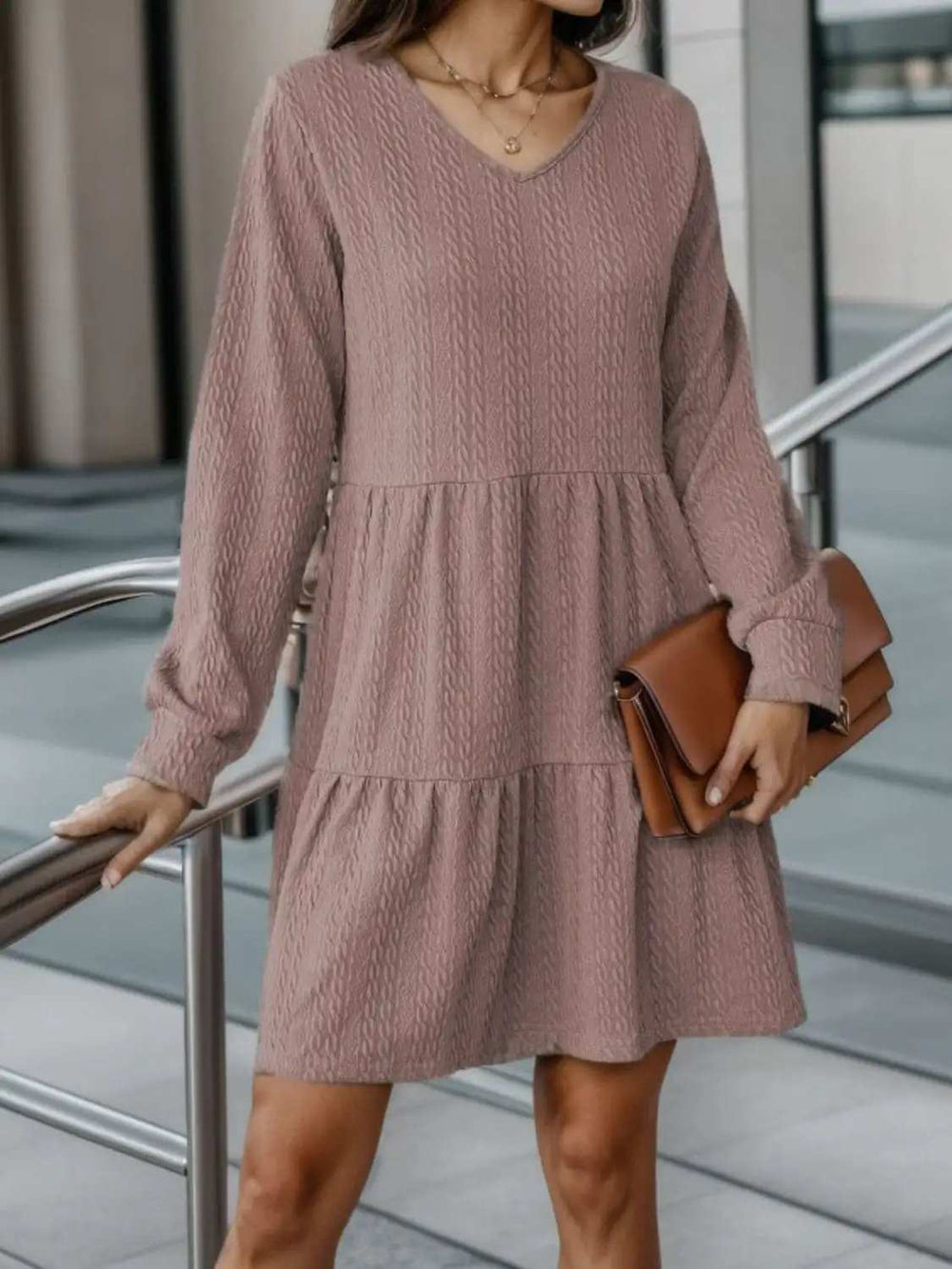 V-Neck Long Sleeve Mini Dress - Trendsi - Flyclothing LLC