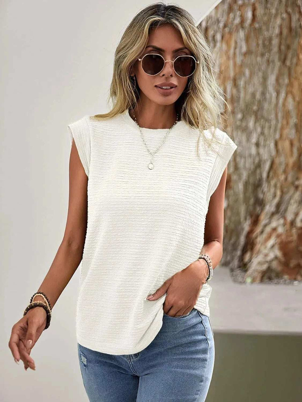 Textured Round Neck Casual Ribbed Top - Trendsi - Flyclothing LLC