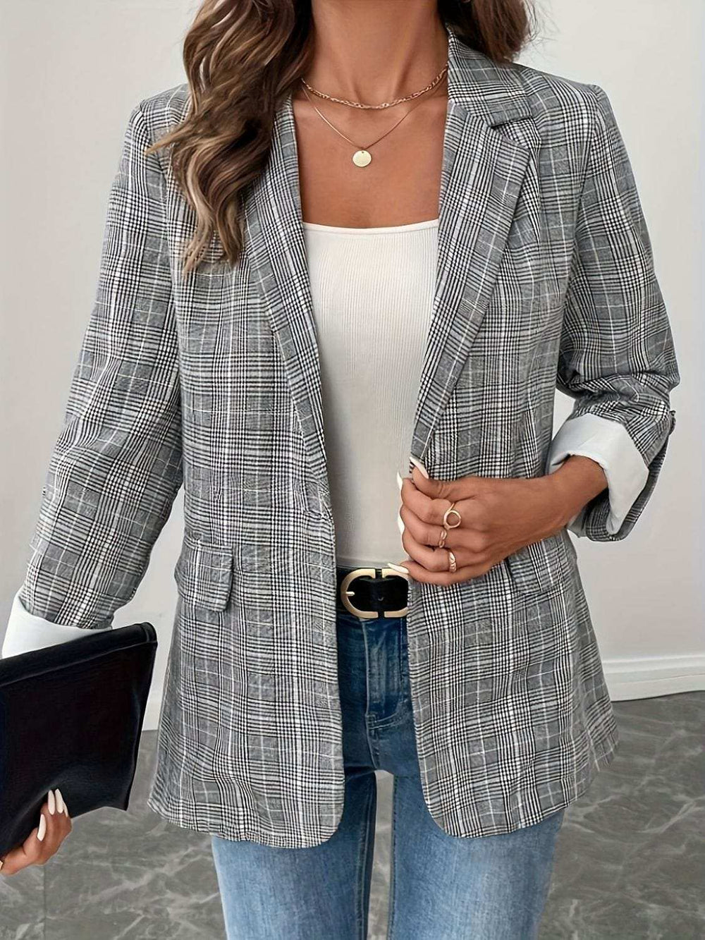 Single-Breasted Lapel Collar Plaid Blazer - Trendsi - Flyclothing LLC
