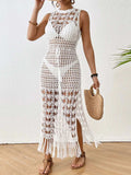 Backless Fringe Hem Round Neck Cover-Up Dress - Trendsi - Flyclothing LLC