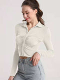 Ruched Button Up Long Sleeve T-Shirt - Trendsi - Flyclothing LLC