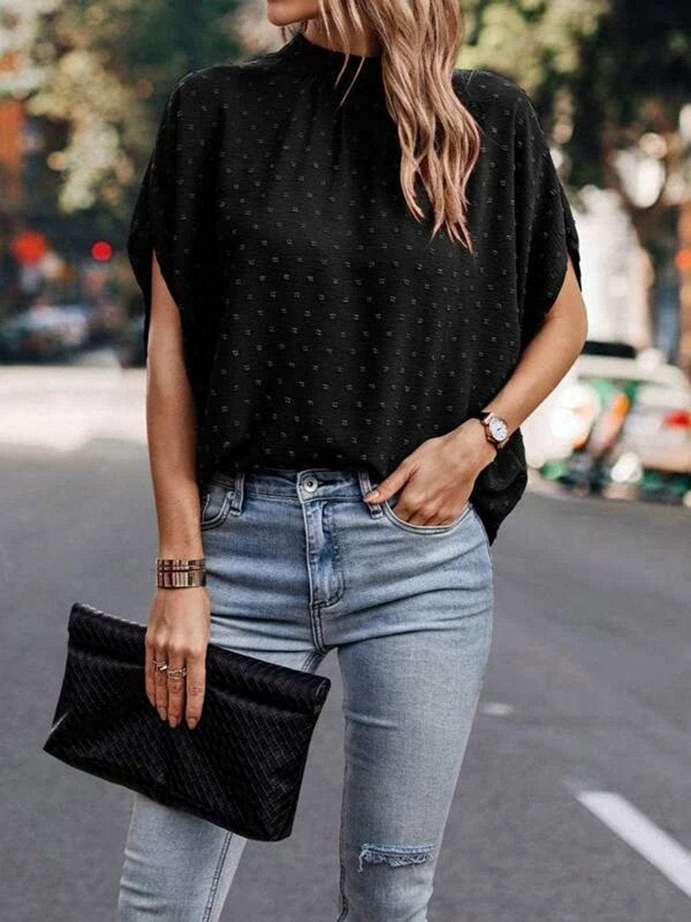 Swiss Dot Mock Neck Half Sleeve Blouse - Trendsi - Flyclothing LLC