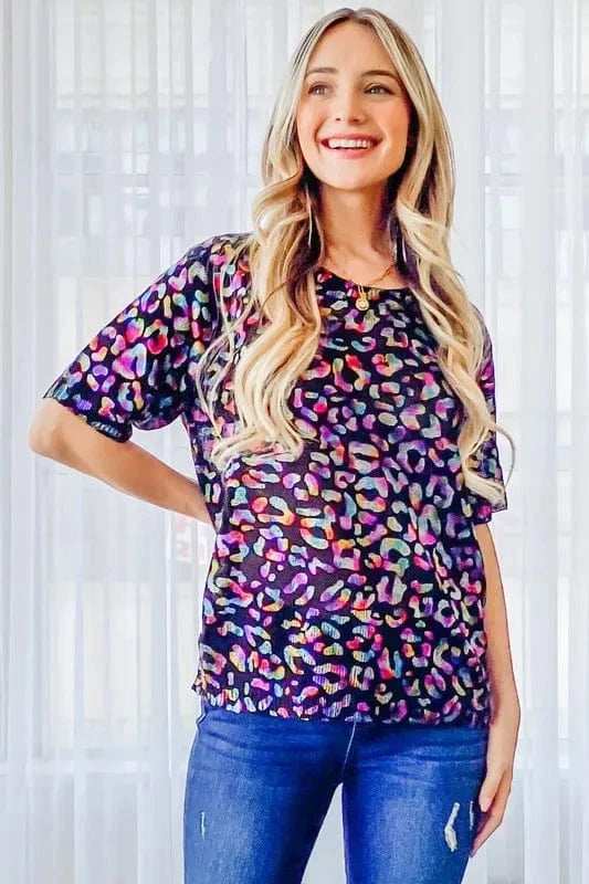 And The Why Leopard Foil Printed Half Sleeve Summer Sweater - Trendsi - Flyclothing LLC