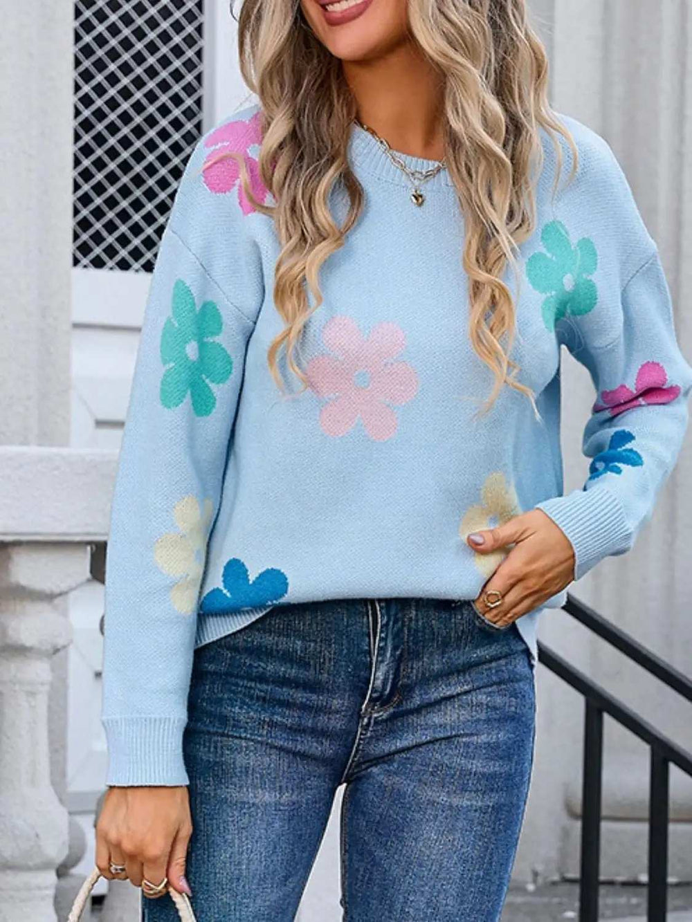 Flower Round Neck Long Sleeve Sweater - Trendsi - Flyclothing LLC