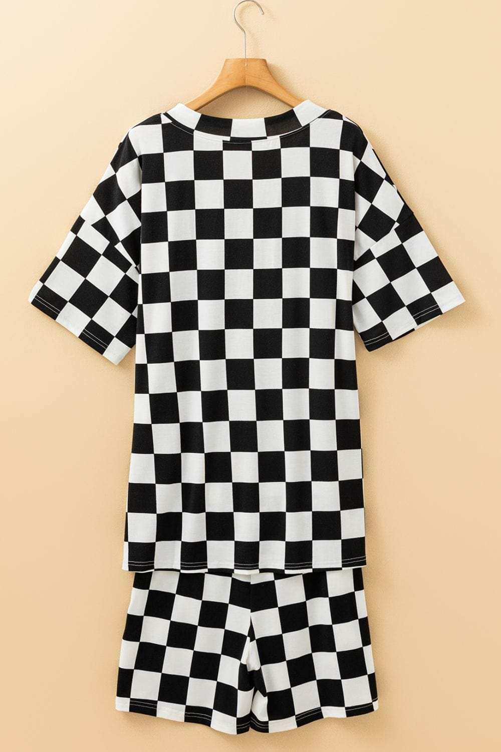 Checkerboard V Neck Loose Tee and Shorts Set - Trendsi - Flyclothing LLC