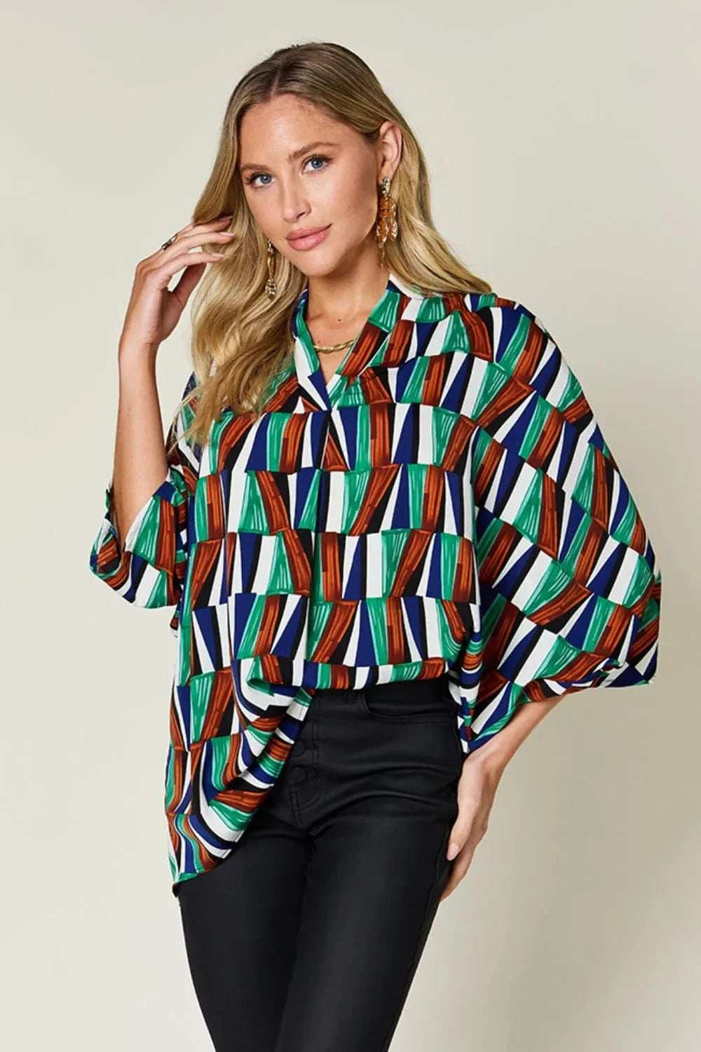 Double Take Full Size Geometric Notched Dolman Sleeve Top - Trendsi - Flyclothing LLC