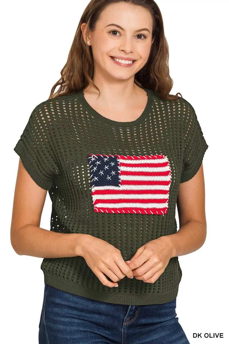 Zenana Viscose American Flag Openwork Knit Top - Trendsi - Flyclothing LLC