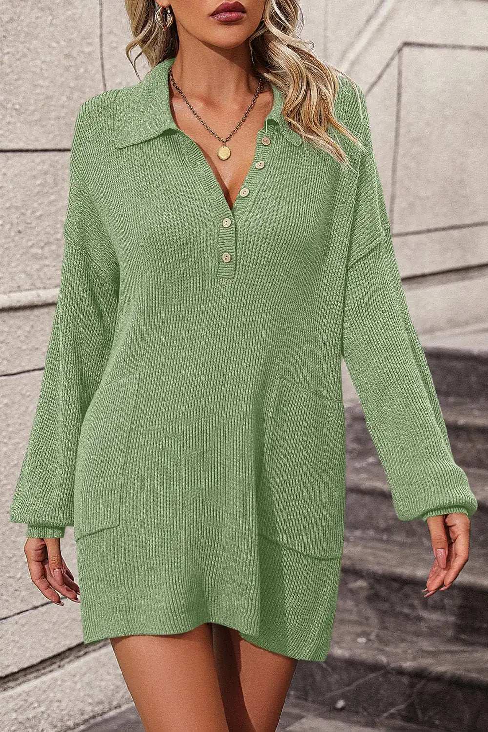 Collared Neck Long Sleeve Sweater Dress with Pockets - Trendsi - Flyclothing LLC