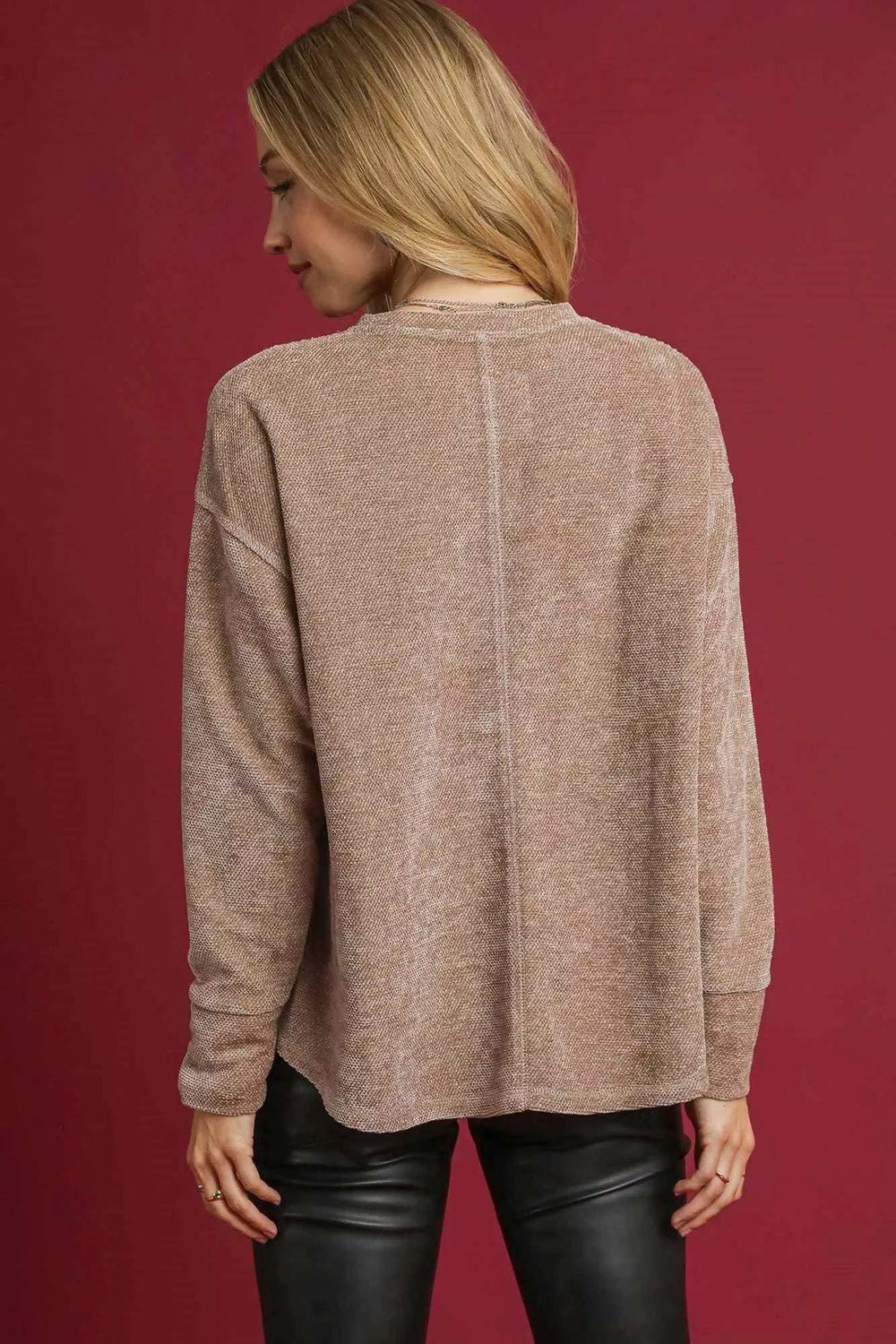 Umgee Round Neck Long Sleeve Side Slit Top - Trendsi - Flyclothing LLC