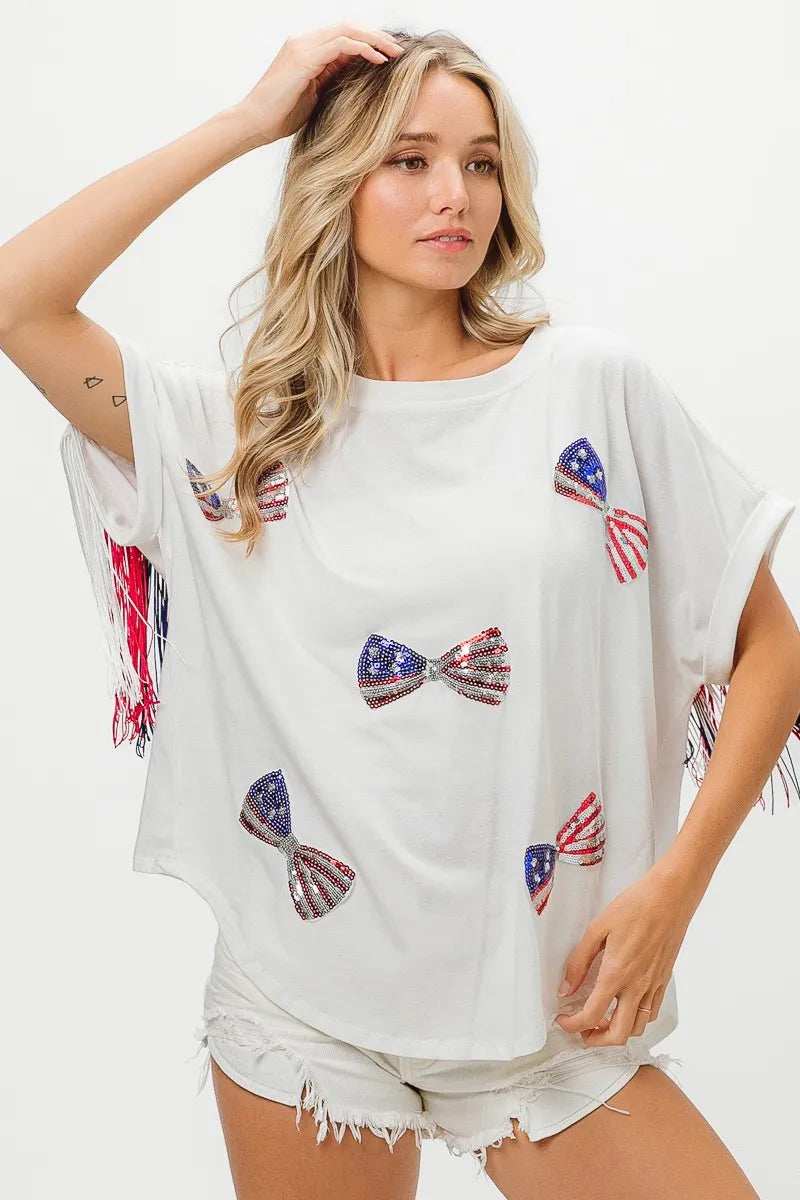 BiBi American Flag Sequin Ribbon T-Shirt - Trendsi - Flyclothing LLC
