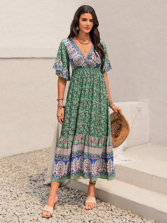Ruched Printed Flounce Sleeve Midi Dress - Trendsi - Flyclothing LLC