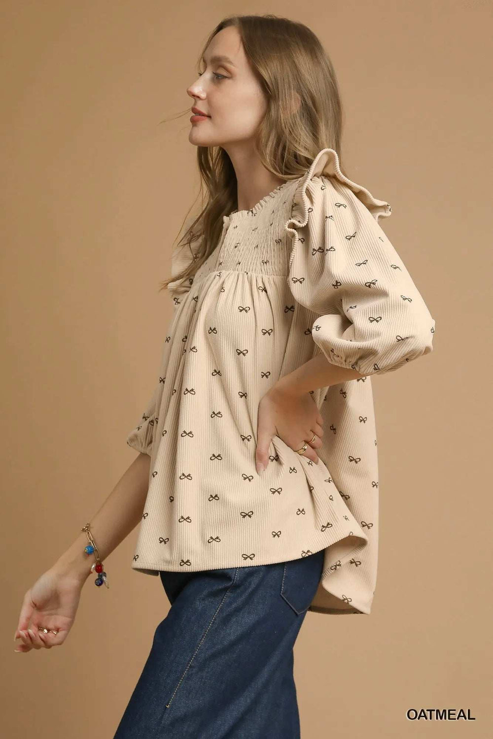 Umgee Bow Print Corduroy Puff Sleeve Blouse with Ruffled - Trendsi - Flyclothing LLC