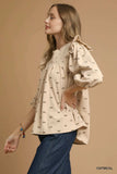 Umgee Bow Print Corduroy Puff Sleeve Blouse with Ruffled - Trendsi - Flyclothing LLC