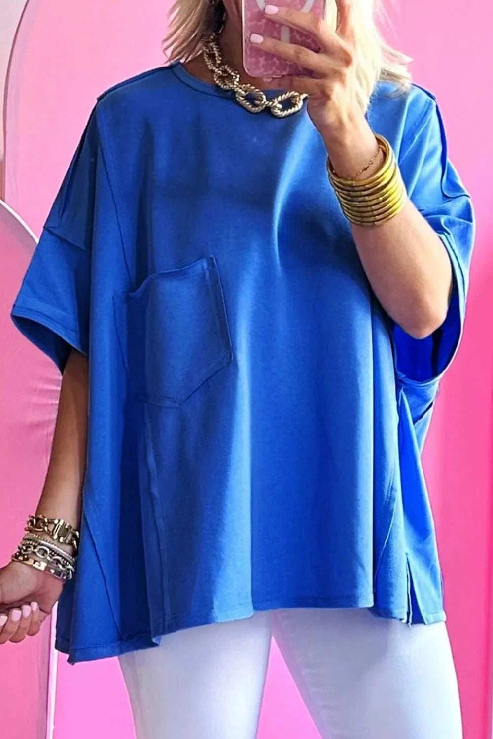 Patched Pocket Exposed Seam Oversize T-shirt - Trendsi - Flyclothing LLC