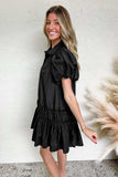 Button Down Puff Sleeve Ruffle Hem Dress - Trendsi - Flyclothing LLC