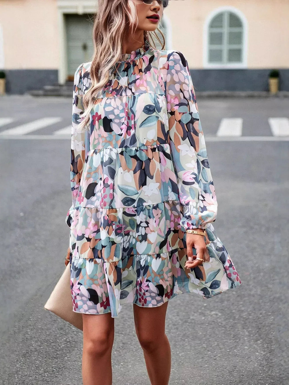 Printed Long Sleeve Mini Dress - Trendsi - Flyclothing LLC
