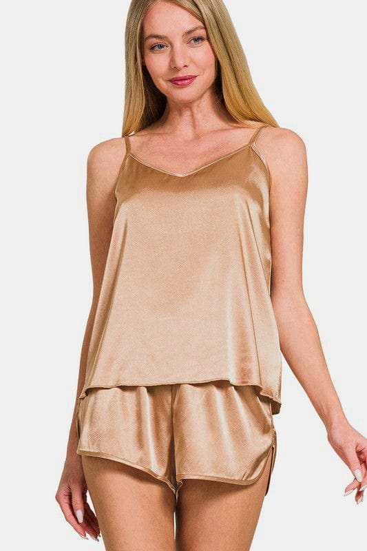 Zenana V-Neck Satin Cami and Elastic Waist Shorts Lounge Set - Trendsi - Flyclothing LLC