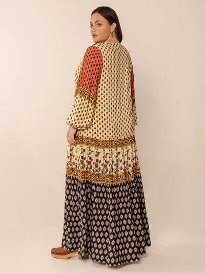 Plus Size Printed V-Neck Long Sleeve Maxi Dress - Trendsi - Flyclothing LLC