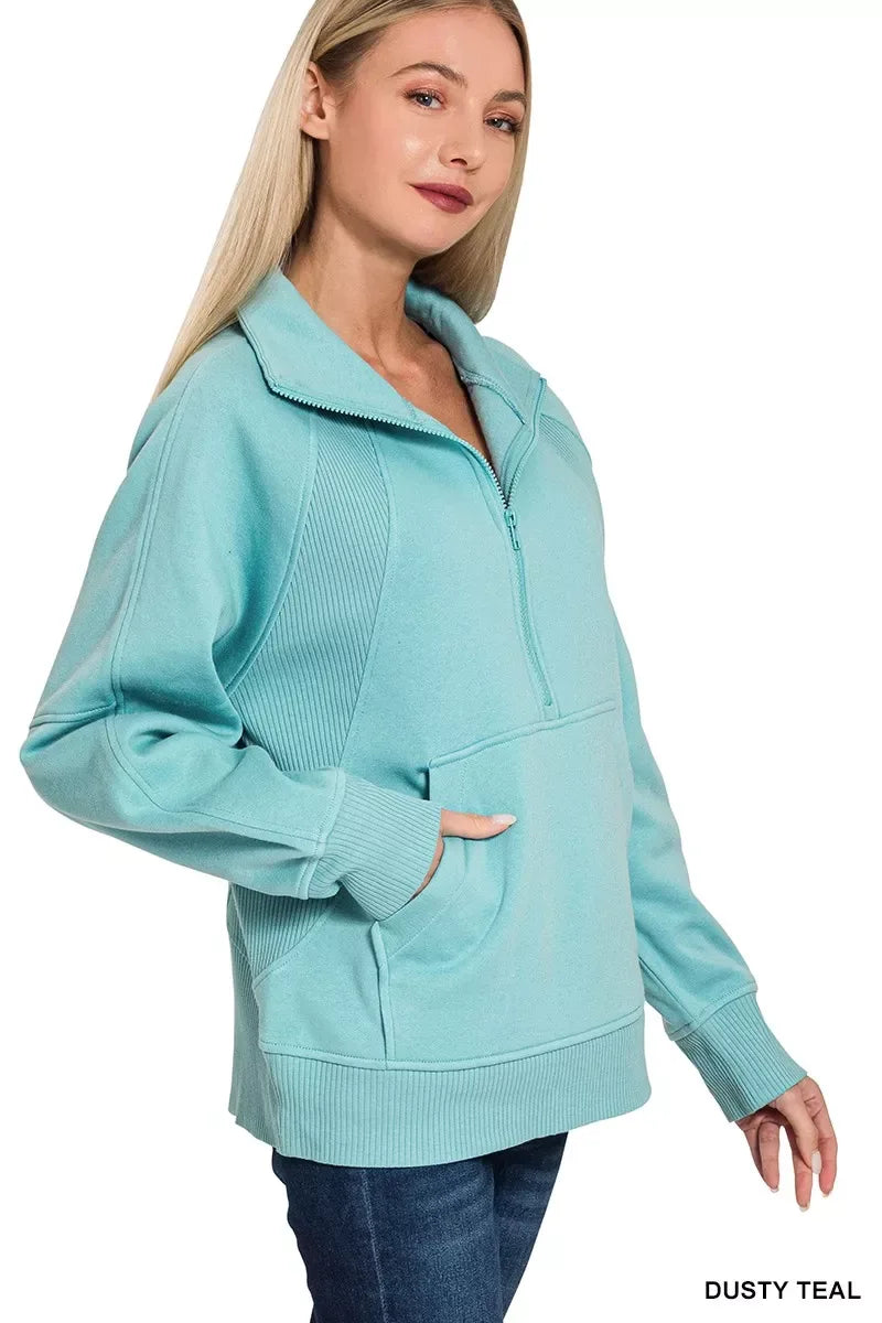 Zenana Half Zip Fleece Sweatshirt with kangaroo Pocket - Trendsi - Flyclothing LLC
