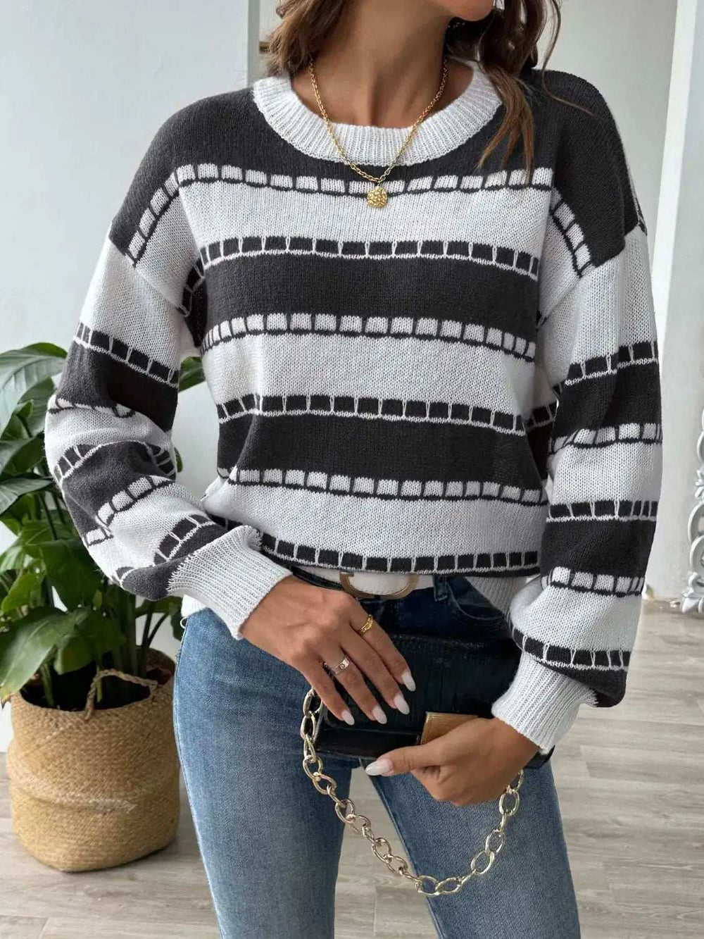 Striped Round Neck Long Sleeve Sweater - Trendsi - Flyclothing LLC