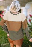 Waffle-Knit Color Block Round Neck Long Sleeve Blouse - Trendsi - Flyclothing LLC