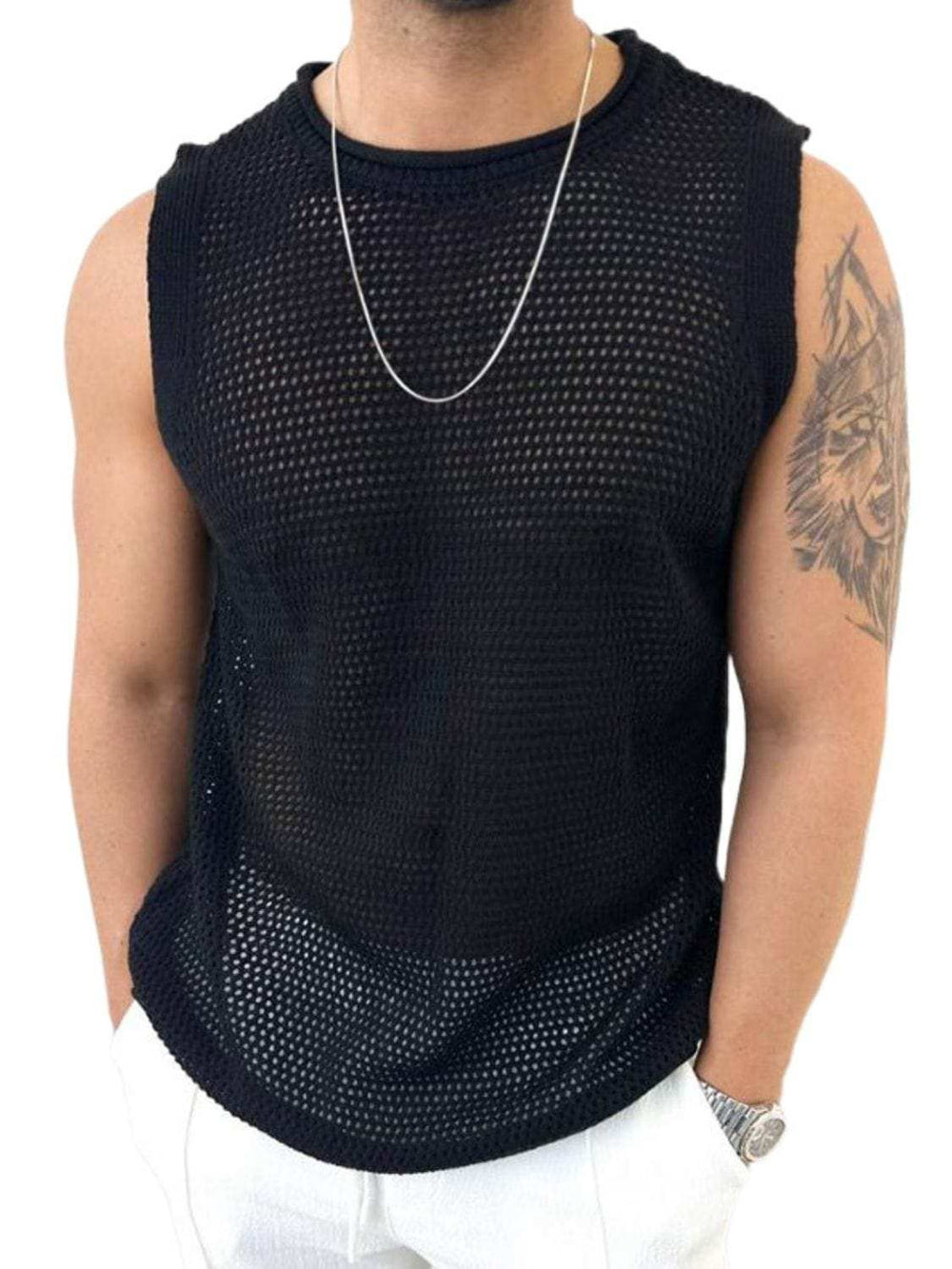 Men's Openwork Round Neck Sleeveless Knit Top - Trendsi - Flyclothing LLC