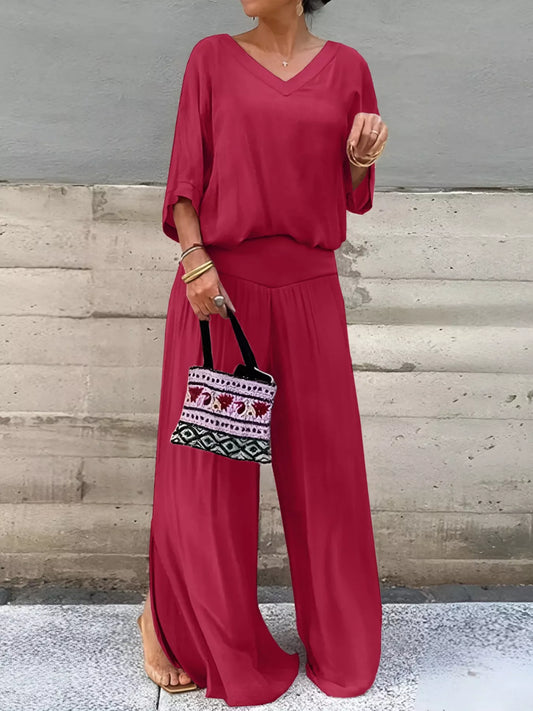 V-Neck Top and Wide Leg Pants Two-Piece Set - Trendsi - Flyclothing LLC