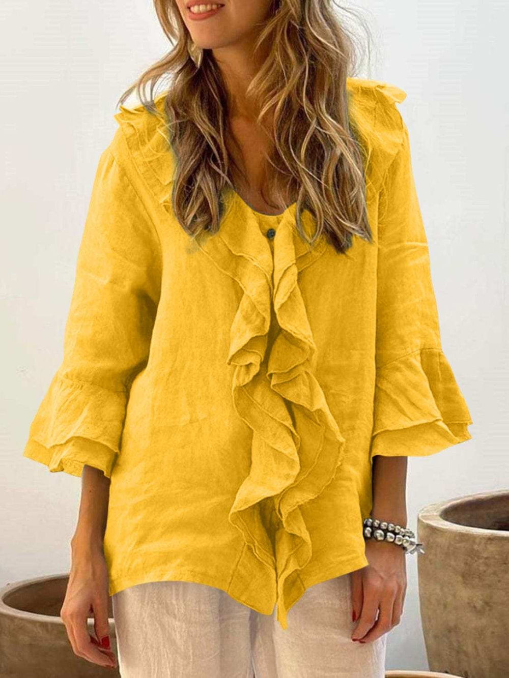 Full Size Ruffled V-Neck Flounce Sleeve Blouse - Trendsi - Flyclothing LLC