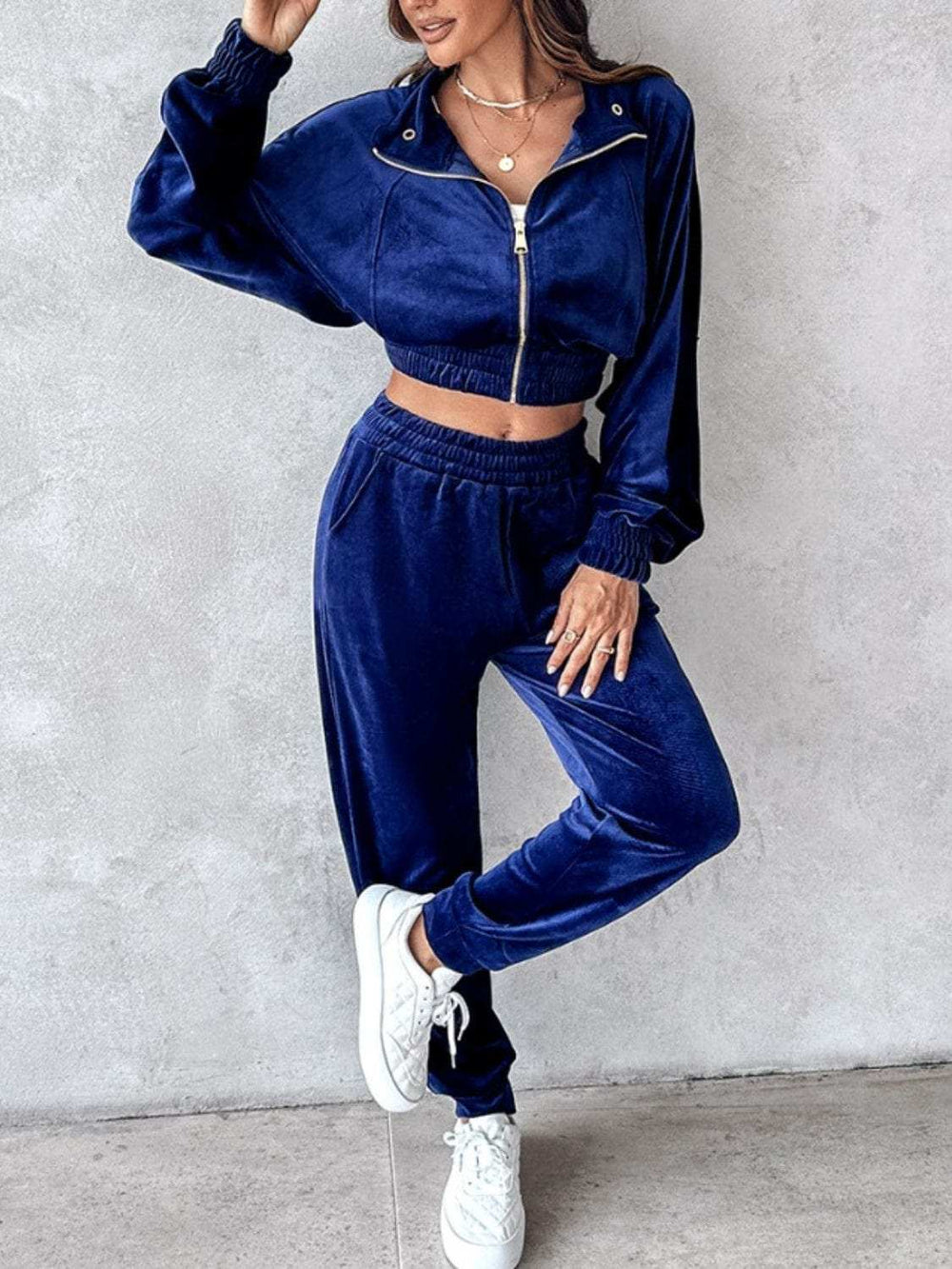 Zip Up Long Sleeve Cropped Top and Joggers Set - Trendsi - Flyclothing LLC