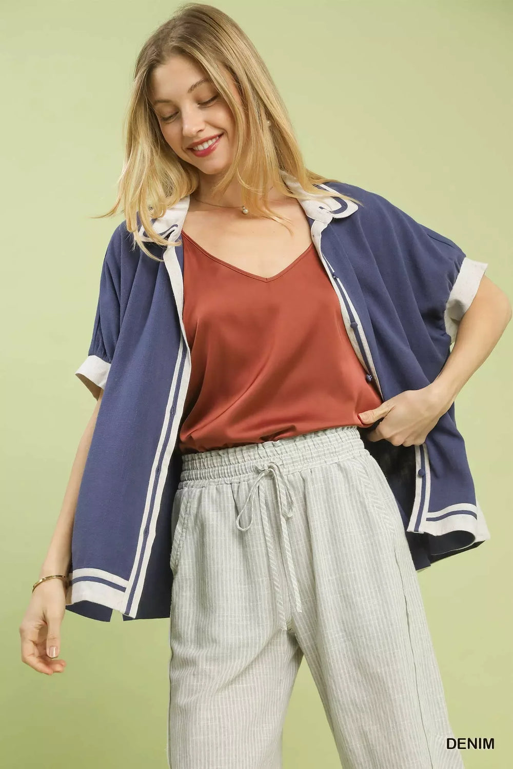Umgee Linen Button Front Top with Contrast Piping - Trendsi - Flyclothing LLC