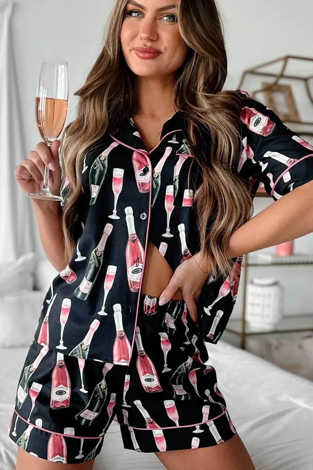 Champagne Print Short Sleeve Top and Shorts Set - Trendsi - Flyclothing LLC