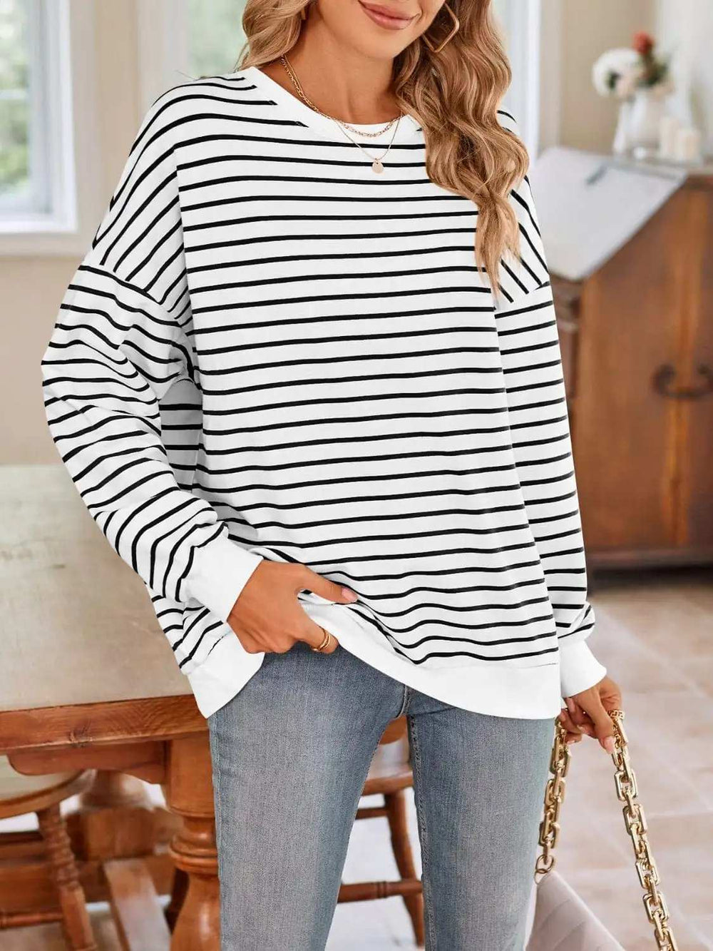 Striped Round Neck Long Sleeve Sweatshirt - Trendsi - Flyclothing LLC