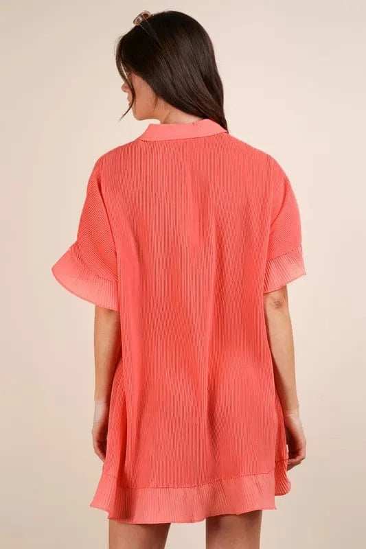 VERY J Pleated Detail Button Down Mini Dress - Trendsi - Flyclothing LLC