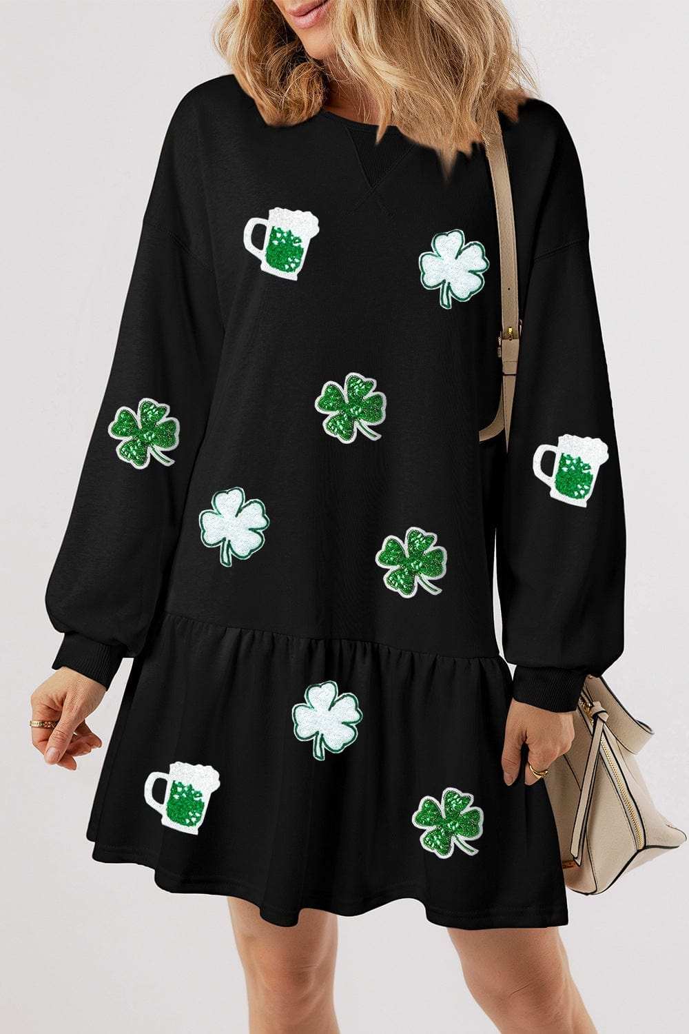 Clover Beer Patched Ruffle Hem Dress - Trendsi - Flyclothing LLC