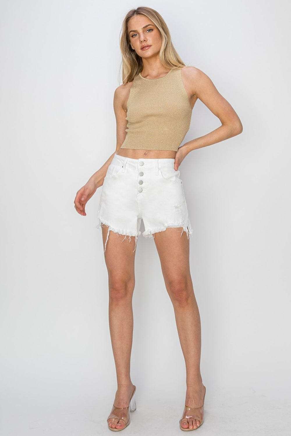 RISEN Button Fly Frayed Hem Denim Shorts - Trendsi - Flyclothing LLC