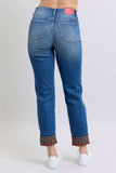 Judy Blue Full Size Plaid Print Cuff Straight Leg Jeans with Pockets - Trendsi - Flyclothing LLC