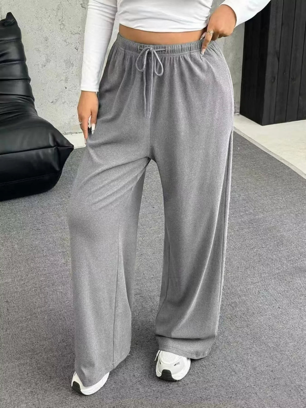 Full Size Drawstring Wide Leg Pants Plus Size - Trendsi - Flyclothing LLC