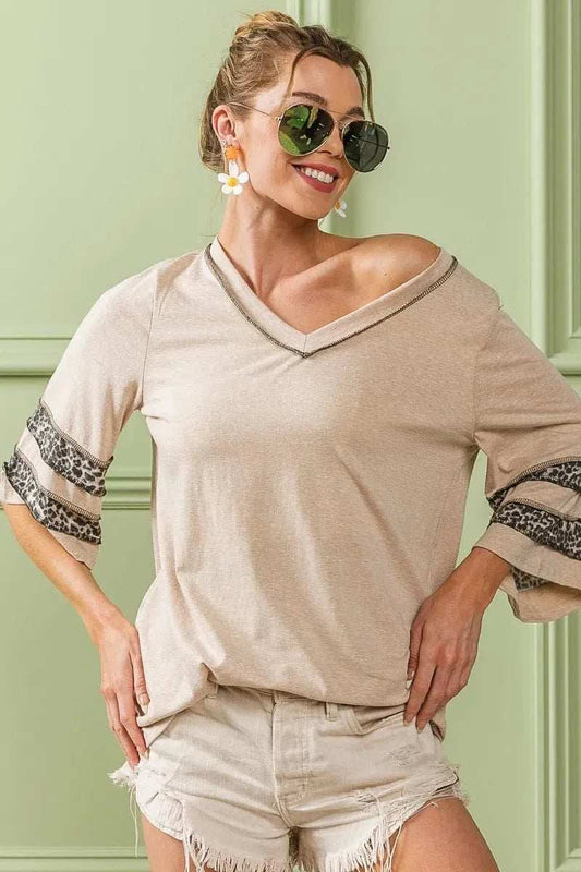 BiBi Triblend Knit Top with Leopard Band Detail - Trendsi - Flyclothing LLC
