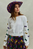 SO ME Mardi Gras Glitter Bow Ribbon Sweater Knit Top - Trendsi - Flyclothing LLC
