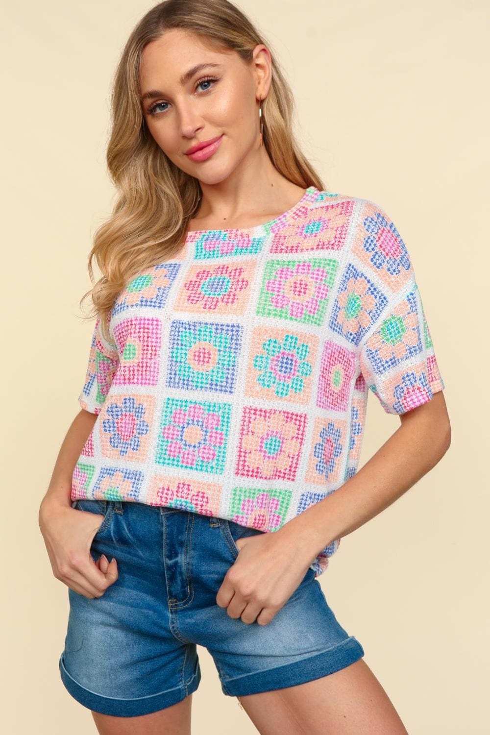Haptics Flower Print Round Neck Short Sleeve T-Shirt - Trendsi - Flyclothing LLC