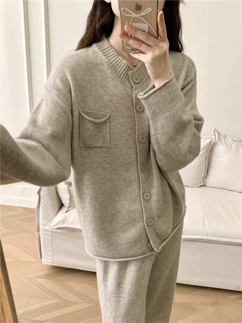 Pocketed Round Neck Button Up Cardigan and Pants Sweater Set - Trendsi - Flyclothing LLC